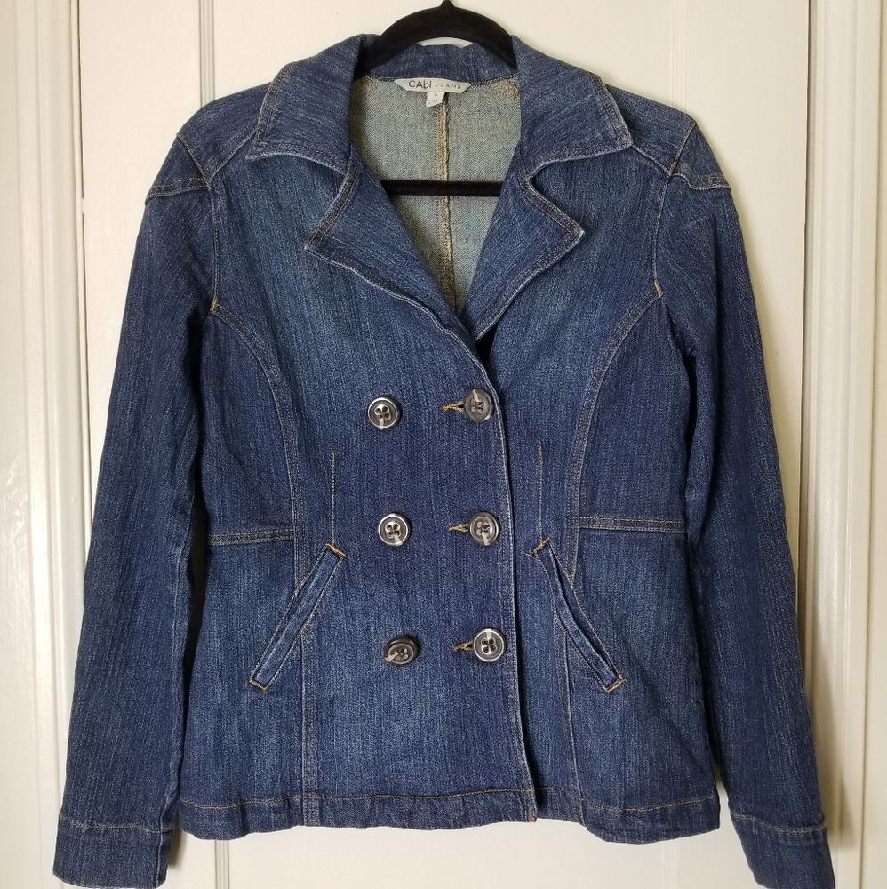 CABI JEANS blue denim jean double breasted large button stretch jacket